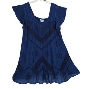 HolyClothing Embroidered Tunic 3X Blue Boho Flutter Sleeve Smocked Renaissance